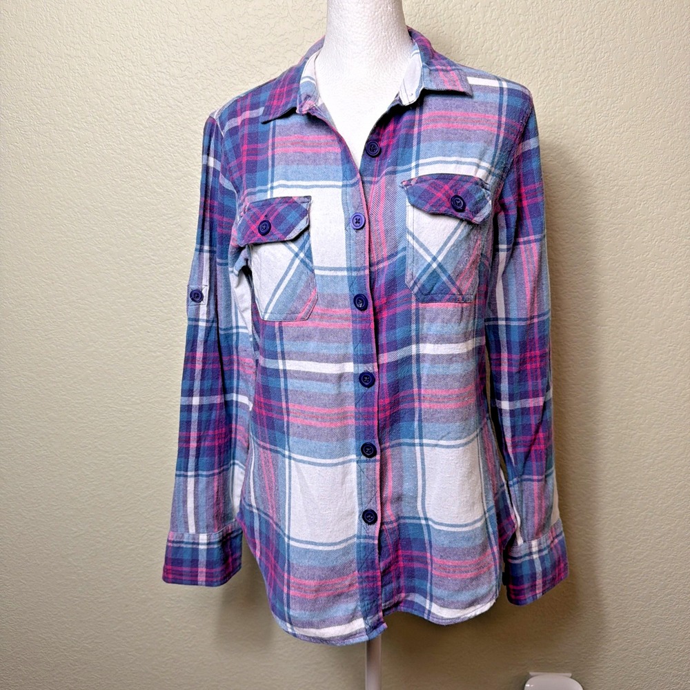 Derek Heart Plaid Top Womens M Magenta Violet Indigo Tartan Grunge Lumberjack